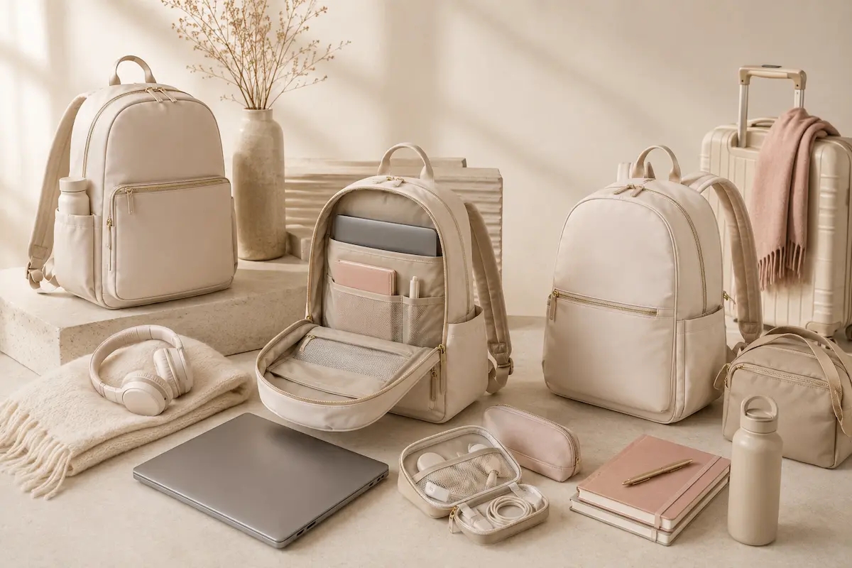 College backpack styled with a laptop, headphones, notebooks and travel essentials for class and commuting