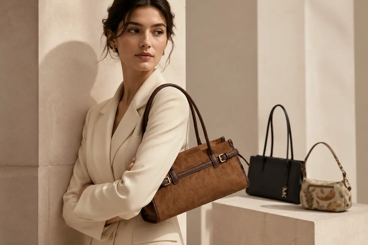 Women styling elongated east-west shoulder bags in a polished fashion editorial