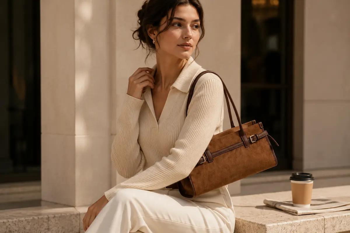 Woman carrying an east-west shoulder bag for commuting, errands and everyday wear