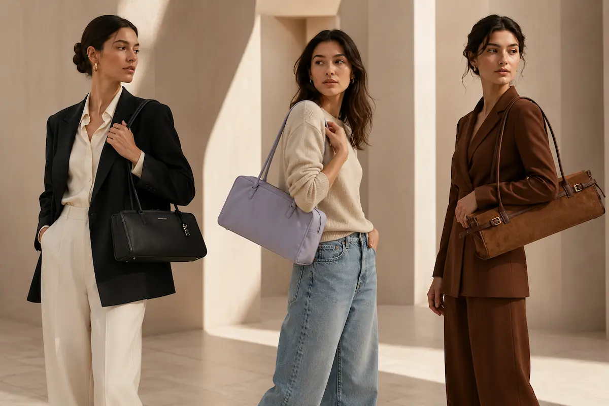 Three women styling east-west shoulder bags with city, casual and evening outfits