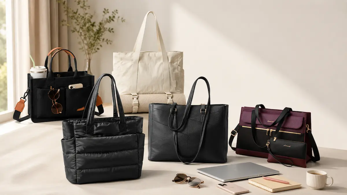Lightweight work tote bags arranged with a laptop and office essentials