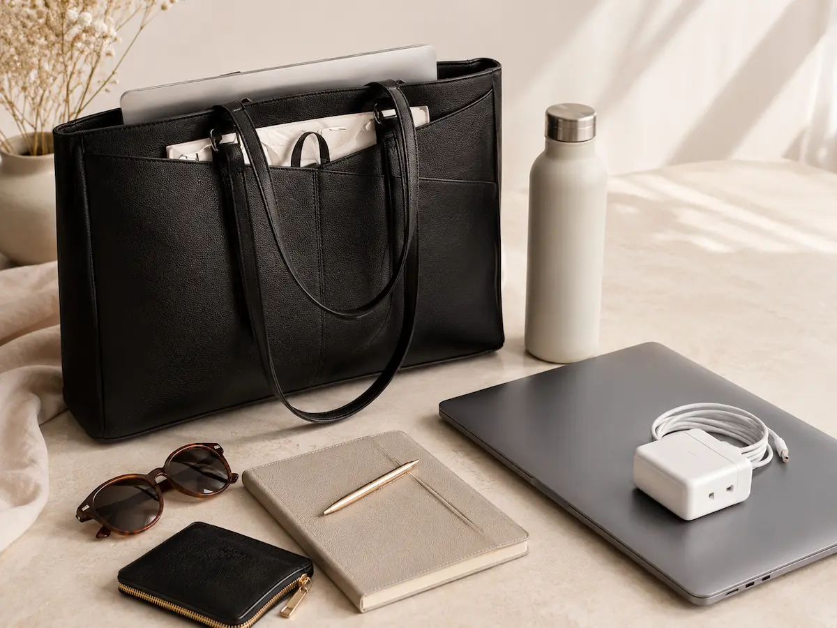 Work tote displayed with a laptop, notebook, bottle and daily office essentials