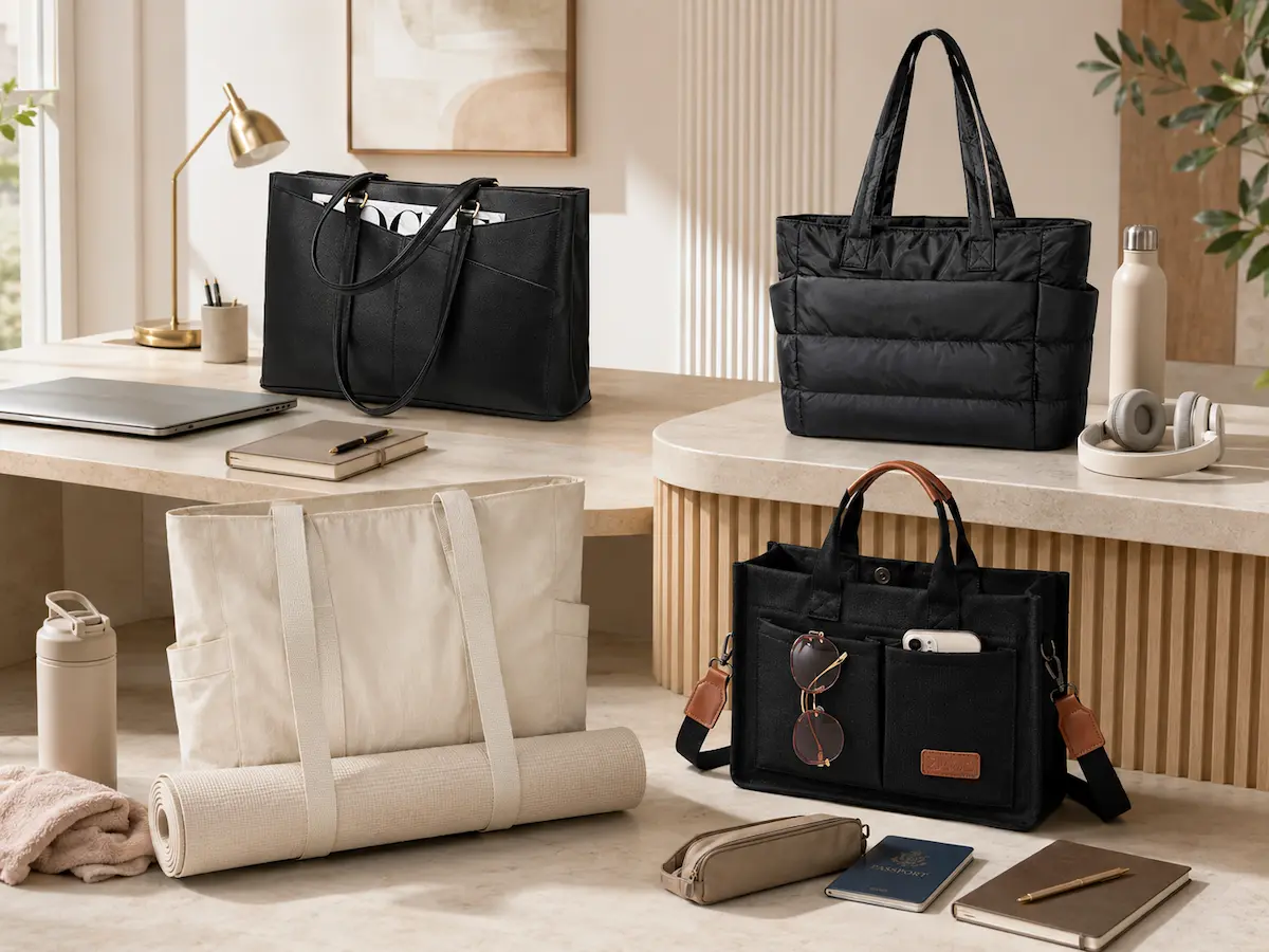 Different lightweight work tote styles arranged for office, commute, travel and gym use