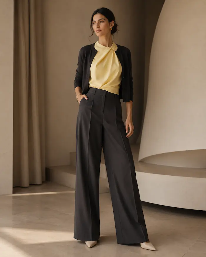 Woman wearing a polished neutral outfit