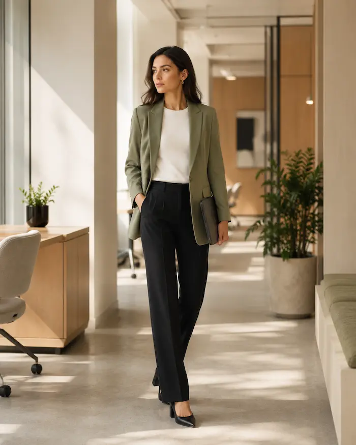 Woman wearing modern neutral workwear