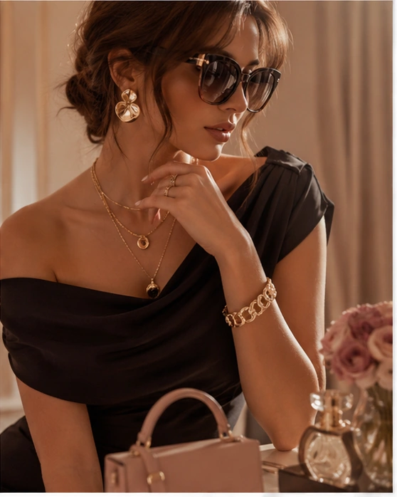 Woman wearing contemporary jewelry and accessories