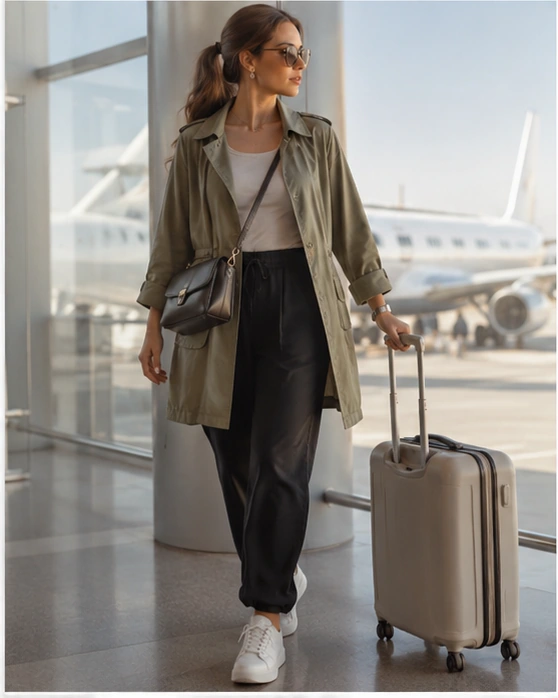 Woman traveling with practical modern luggage