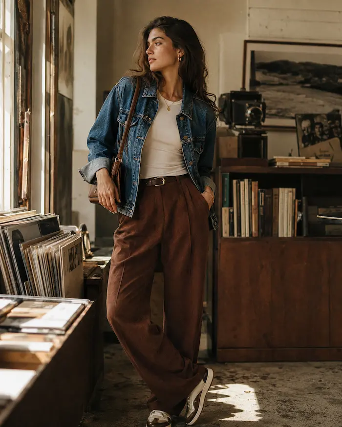 Woman wearing relaxed denim and textured everyday layers