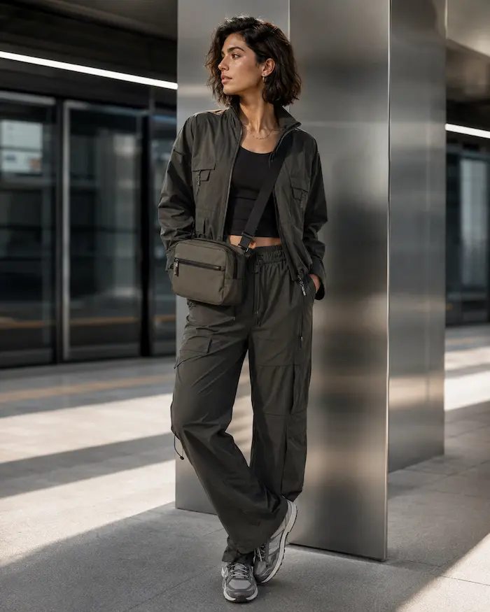 Woman wearing modern utility fashion with practical details