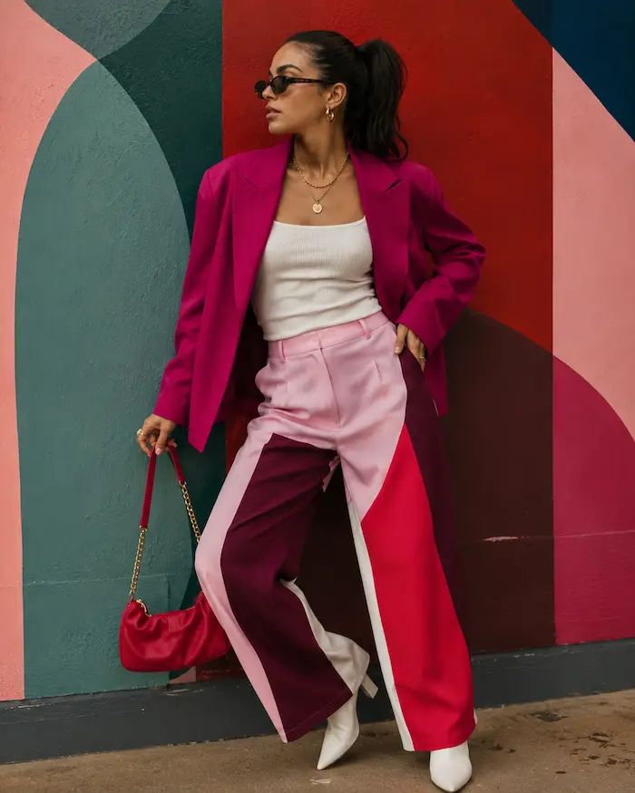Woman wearing a confident color-focused outfit