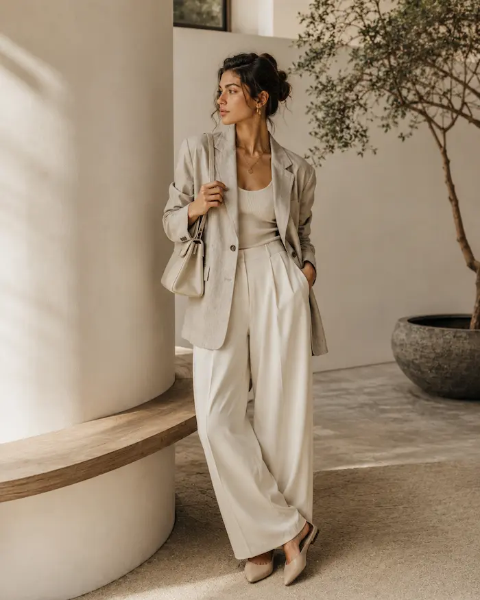 Woman wearing soft neutral tailoring